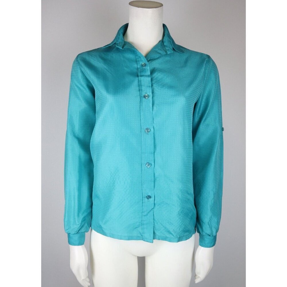 VINTAGE WOMEN'S GREEN BUTTON DOWN LONG SLEEVE TOP - STUFFED SHIRT - SIZE S